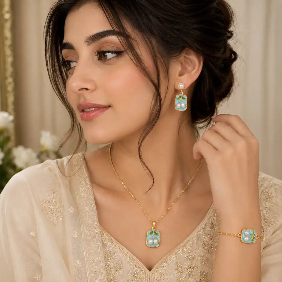 Elegant Pearl Cherry Jewellery Set