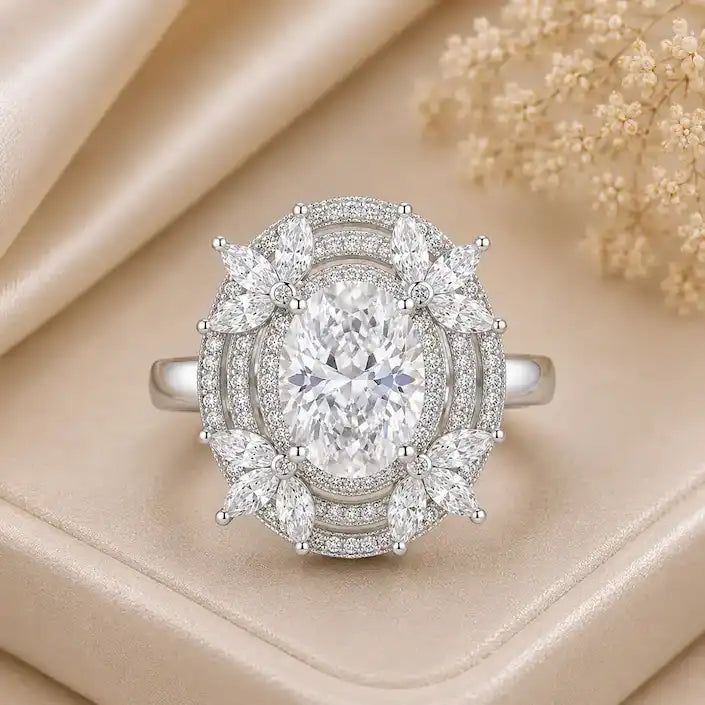 Elegant silver ring featuring a deep blue oval gemstone, surrounded by sparkling halo details and delicate marquise-shaped crystal accents, displayed on a cream satin jewelry box.