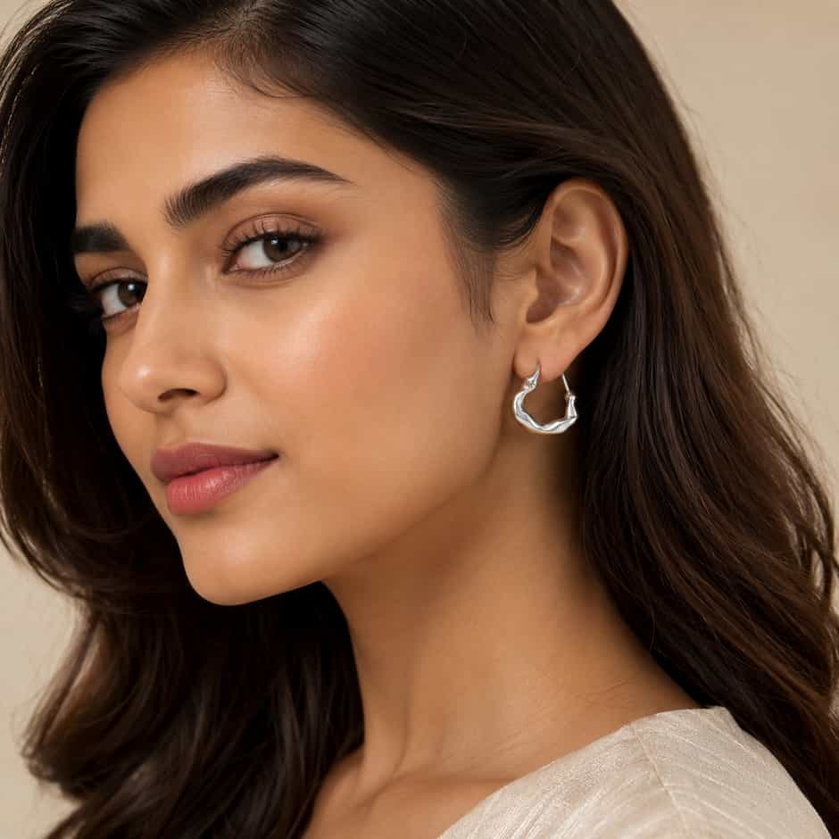 Modern Twisted Silver Hoop Earrings