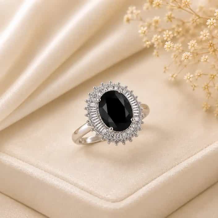 Elegant silver ring featuring a large oval black gemstone surrounded by a sparkling halo of clear stones, displayed on a cream satin jewelry box with delicate white flowers in the background.