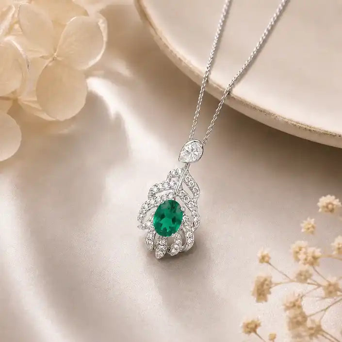 Silver leaf design pendant necklace featuring a vibrant oval pink tourmaline center stone accented by sparkling pavé crystal embellishments.