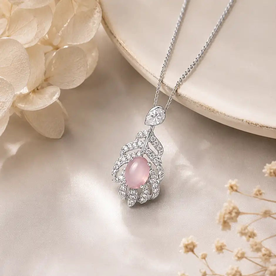 Elegant Leaf Design Crystal Pendant Necklace