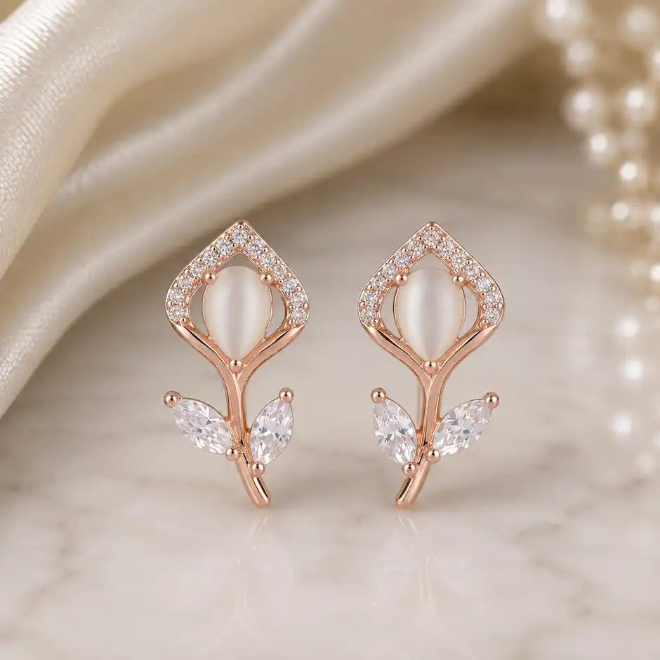 Elegant Opal Bloom Leaf Stud Earrings