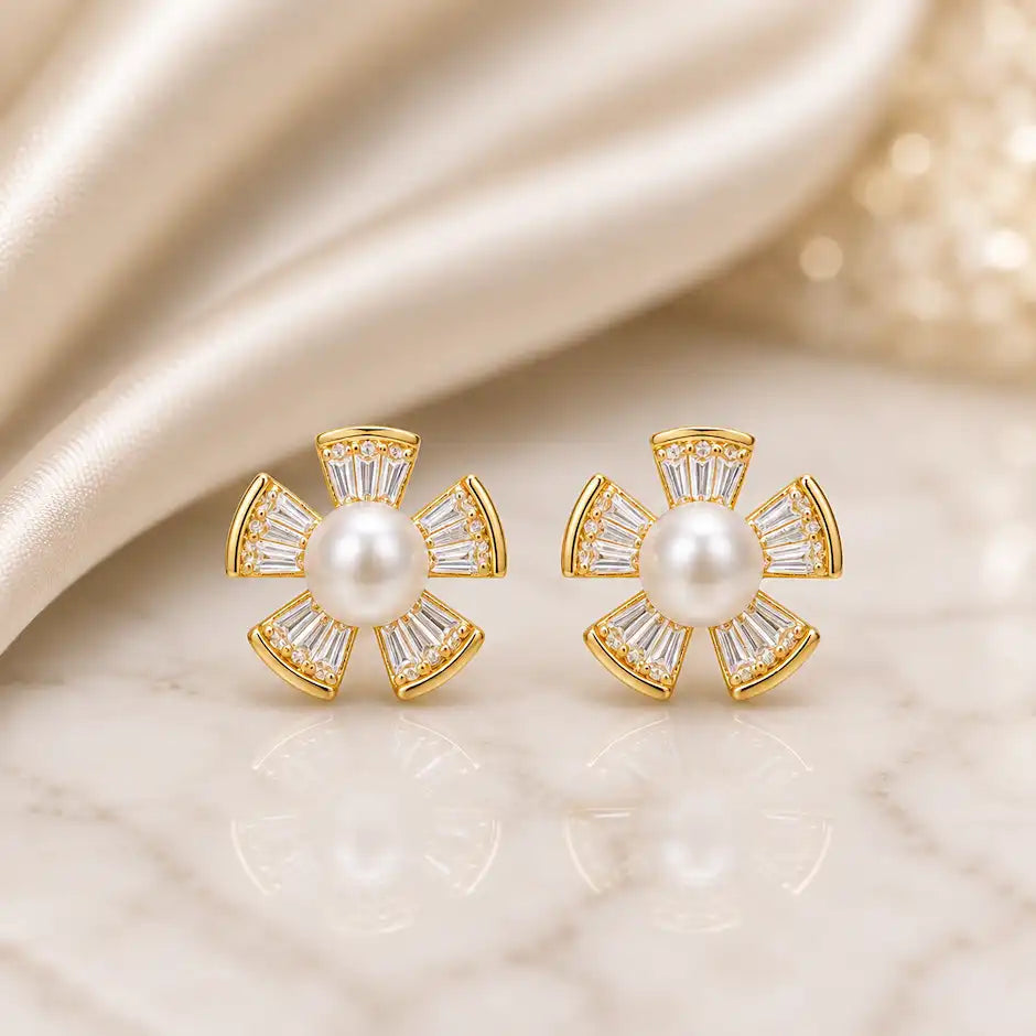 Radiant Pearl Blossom Stud Earrings