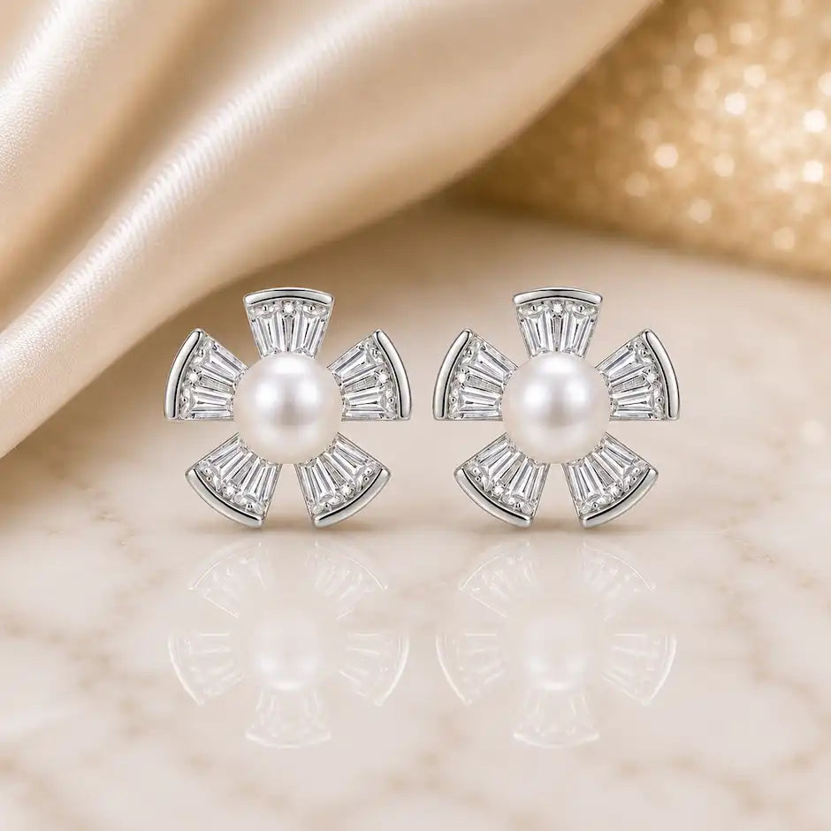 Radiant Pearl Blossom Stud Earrings