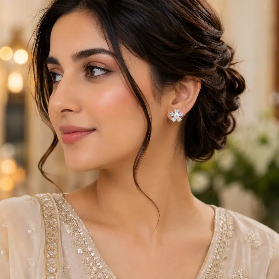 Radiant Pearl Blossom Stud Earrings
