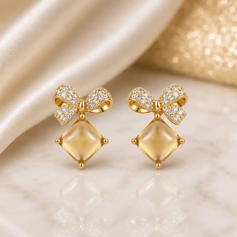 Elegant Crystal Bow Drop Stud Earrings