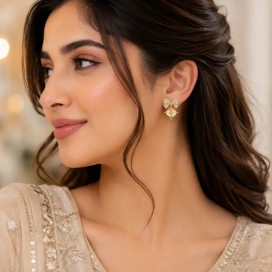 Elegant Crystal Bow Drop Stud Earrings