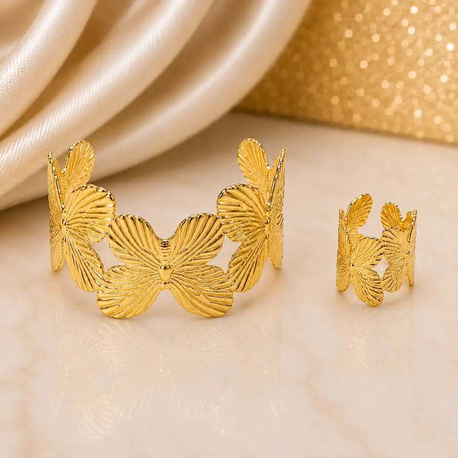 Textured Gold Butterfly Cuff Bracelet and Ring Set