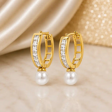 Elegant Pearl Drop Crystal Hoop Earrings