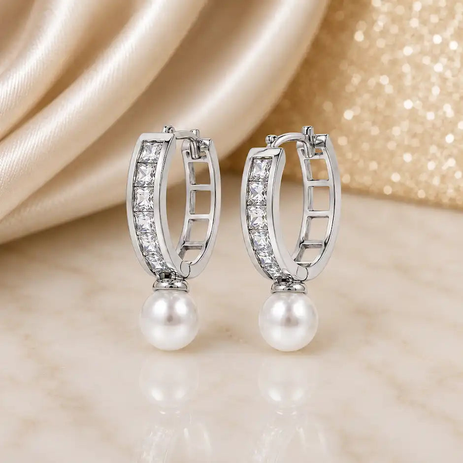 Elegant Pearl Drop Crystal Hoop Earrings