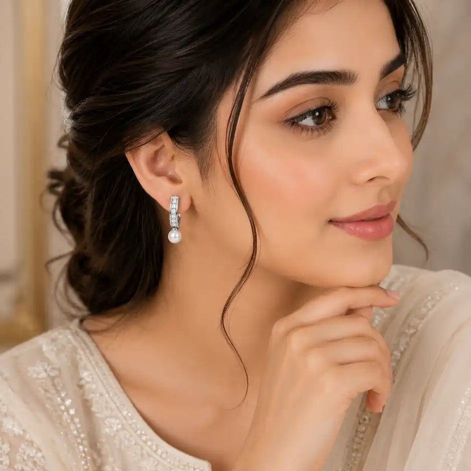 Elegant Pearl Drop Crystal Hoop Earrings