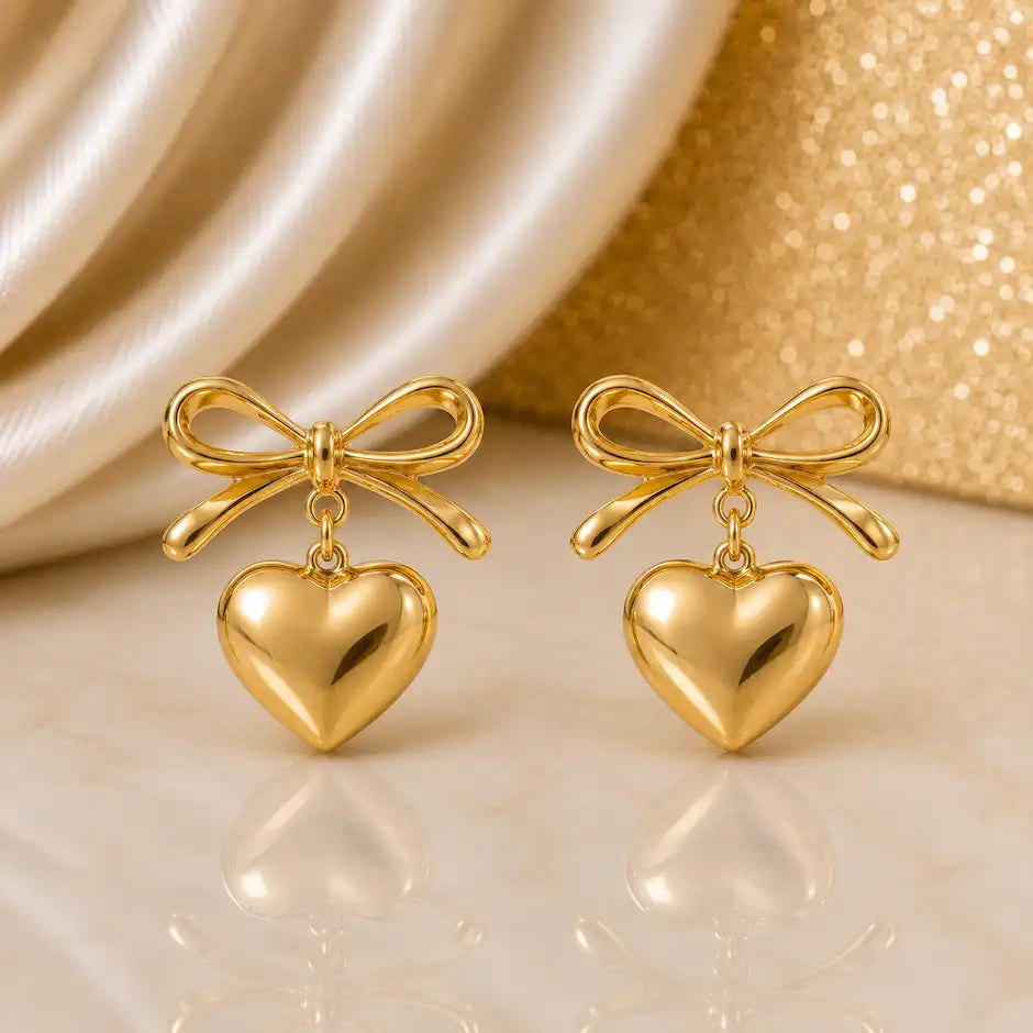 Golden Heart Bow Drop Earrings