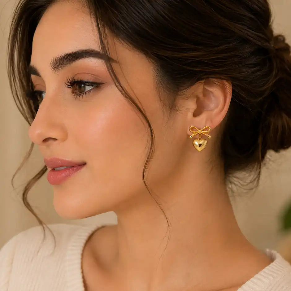 Golden Heart Bow Drop Earrings