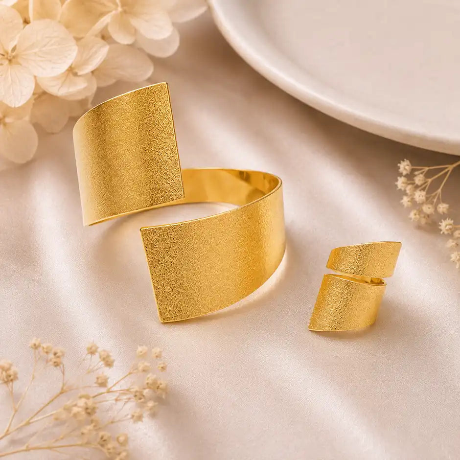 Luxury Gold Textured Cuff Bracelet & Adjustable Ring Set