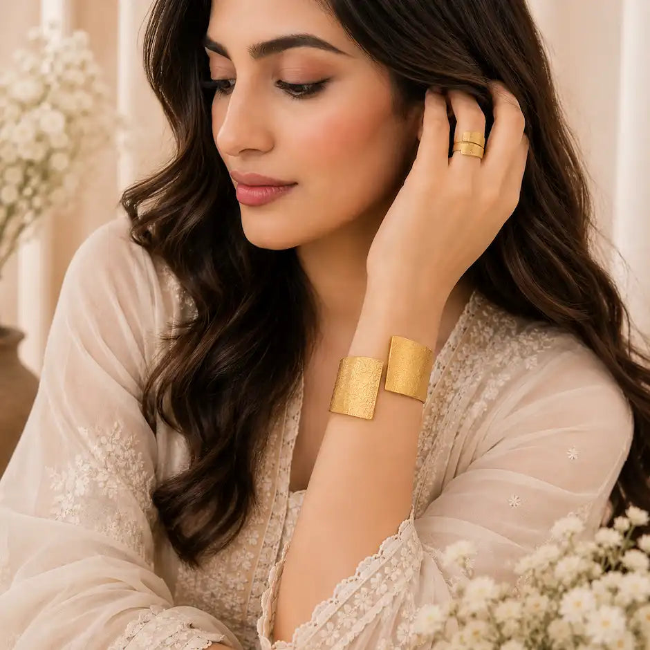 Luxury Gold Textured Cuff Bracelet & Adjustable Ring Set