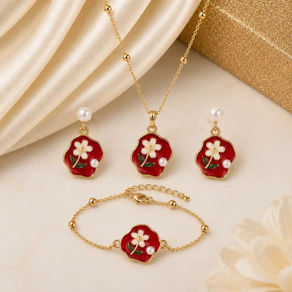 Crimson Blossom Pearl Jewelry Set