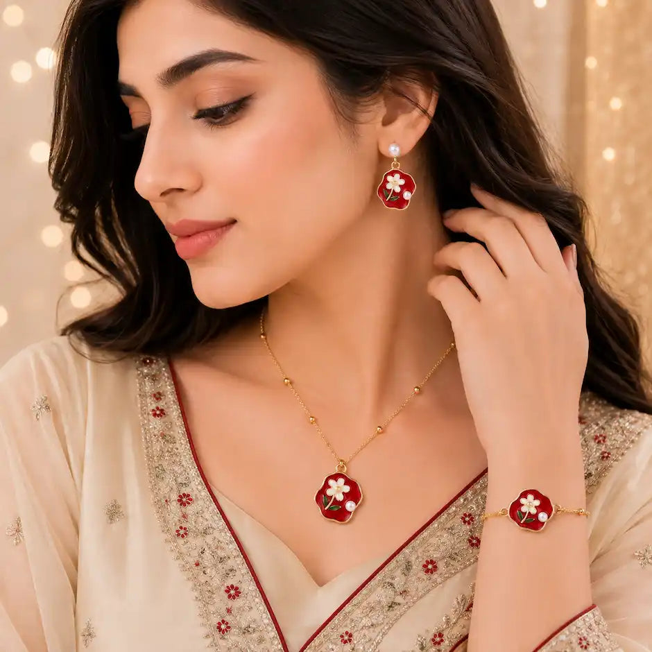 Crimson Blossom Pearl Jewelry Set
