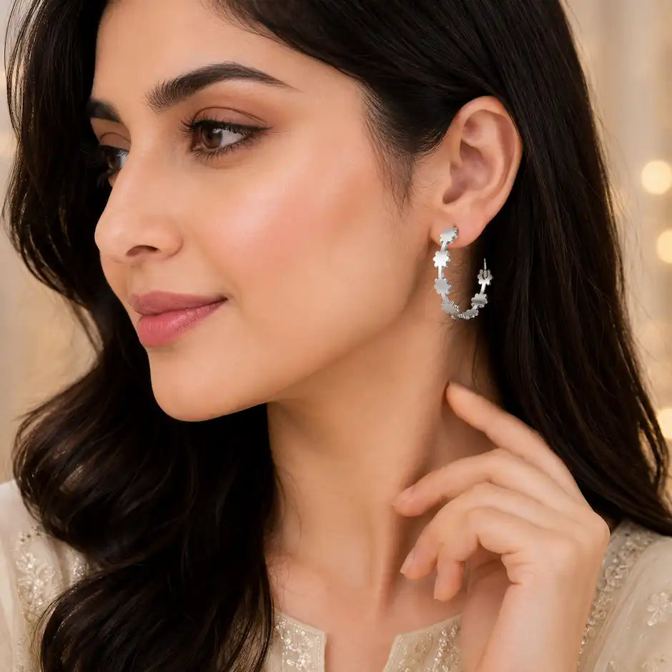 Floral Bloom Silver Hoop Earrings
