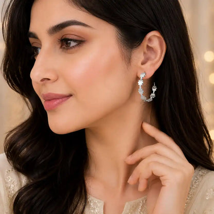 Floral Bloom Silver Hoop Earrings