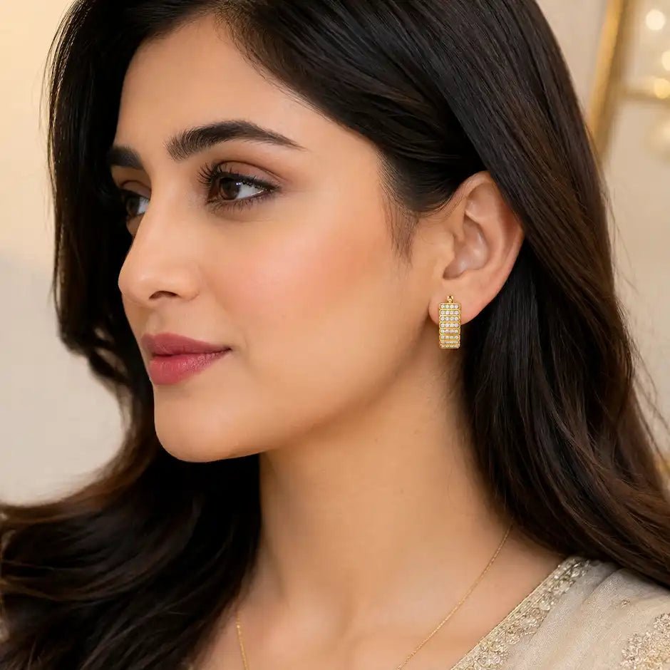 Golden Radiance Hoop Earrings with Diamond Rows