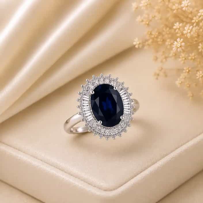 Elegant silver ring featuring a large oval black gemstone surrounded by a sparkling halo of clear stones, displayed on a cream satin jewelry box with delicate white flowers in the background.