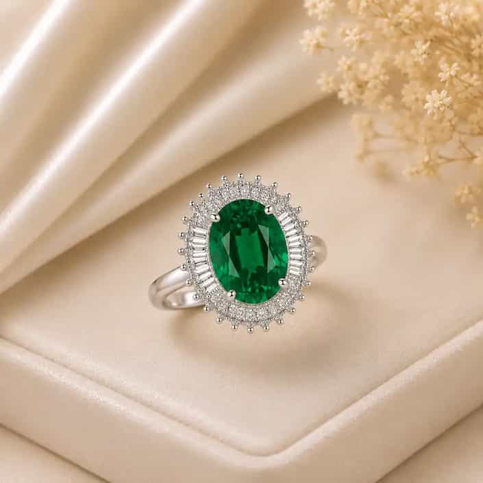 Elegant silver ring featuring a large oval black gemstone surrounded by a sparkling halo of clear stones, displayed on a cream satin jewelry box with delicate white flowers in the background.