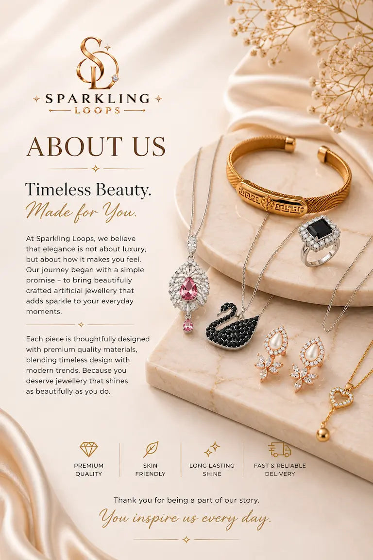 A promotional brand page for Sparkling Loops jewelry, featuring several necklaces, earrings, and a gold bracelet arranged on draped cream fabric with dried floral accents. The page includes the brand name, logo, 'About Us' text, and small feature icons for premium quality, skin friendly, long lasting shine, and fast reliable delivery.
