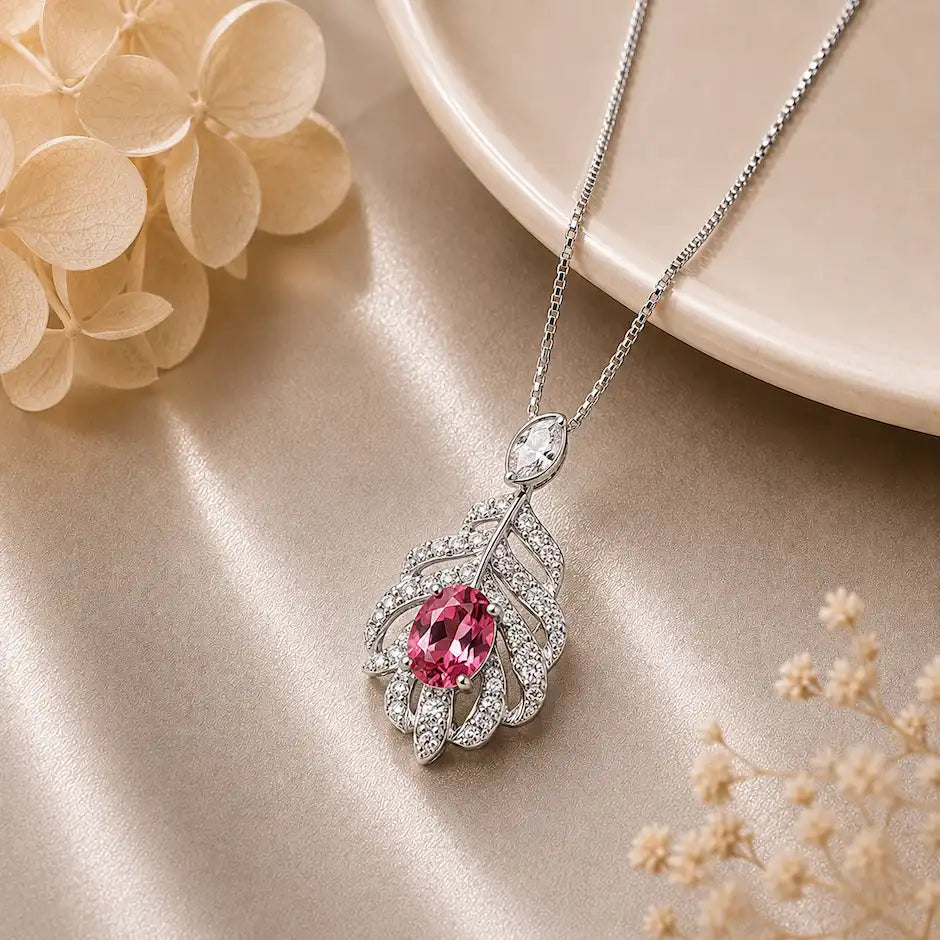 Elegant Leaf Design Crystal Pendant Necklace