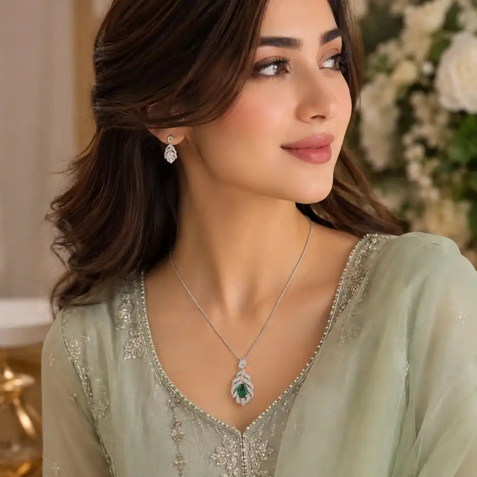 Elegant Leaf Design Crystal Pendant Necklace
