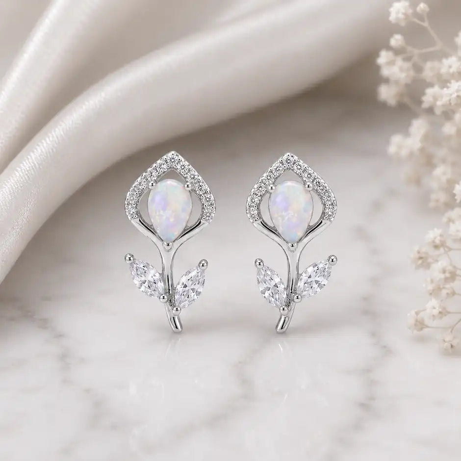 Elegant Opal Bloom Leaf Stud Earrings