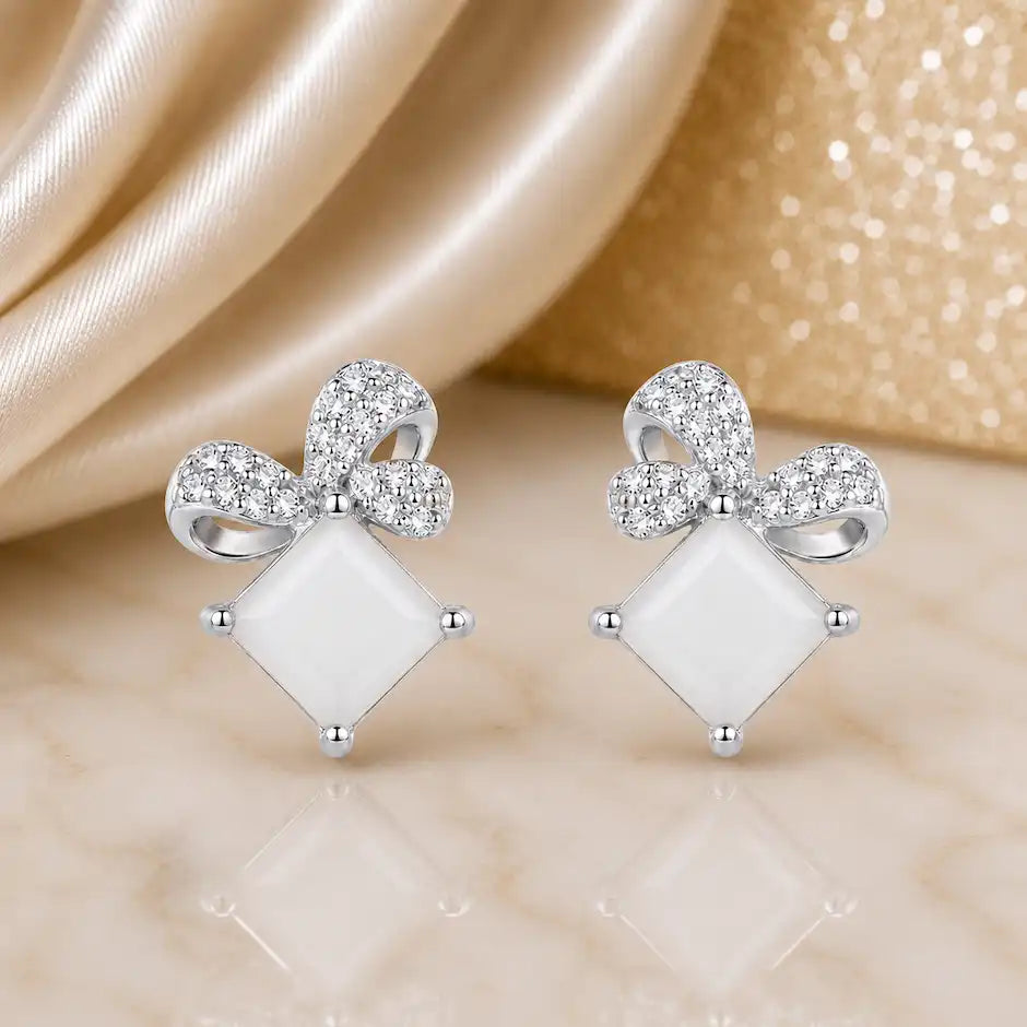 Elegant Crystal Bow Drop Stud Earrings