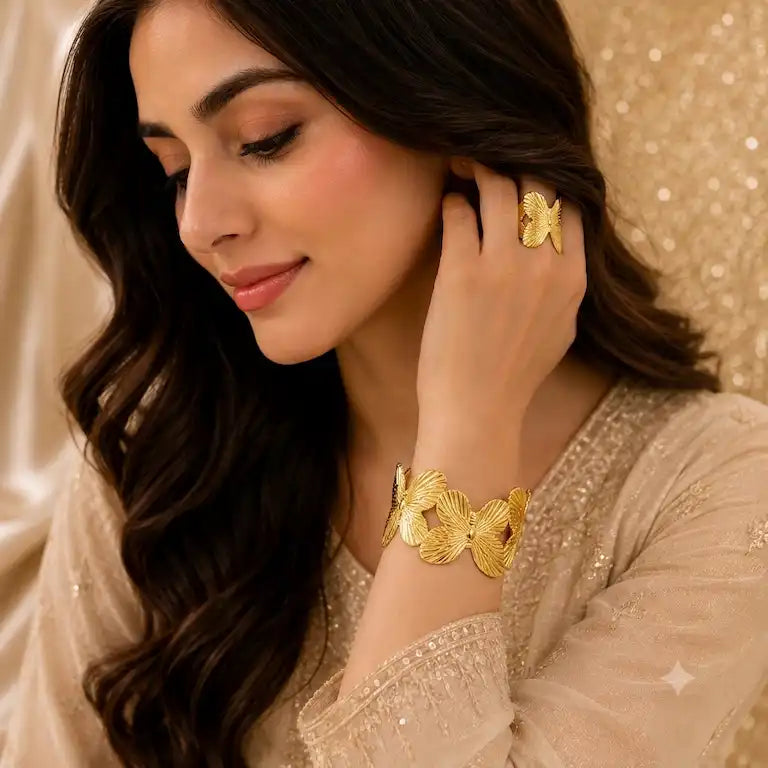 Textured Gold Butterfly Cuff Bracelet and Ring Set
