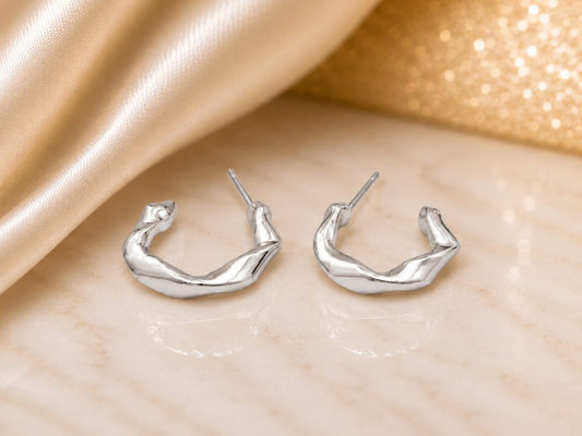 Modern Twisted Silver Hoop Earrings